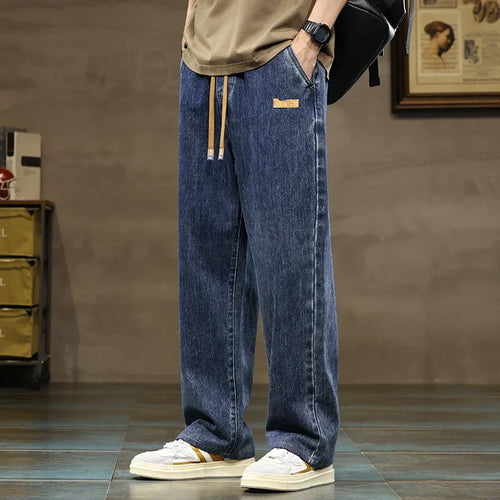 Men's Baggy Wide-Leg Drawstring Casual Denim Jeans-Vestioflux