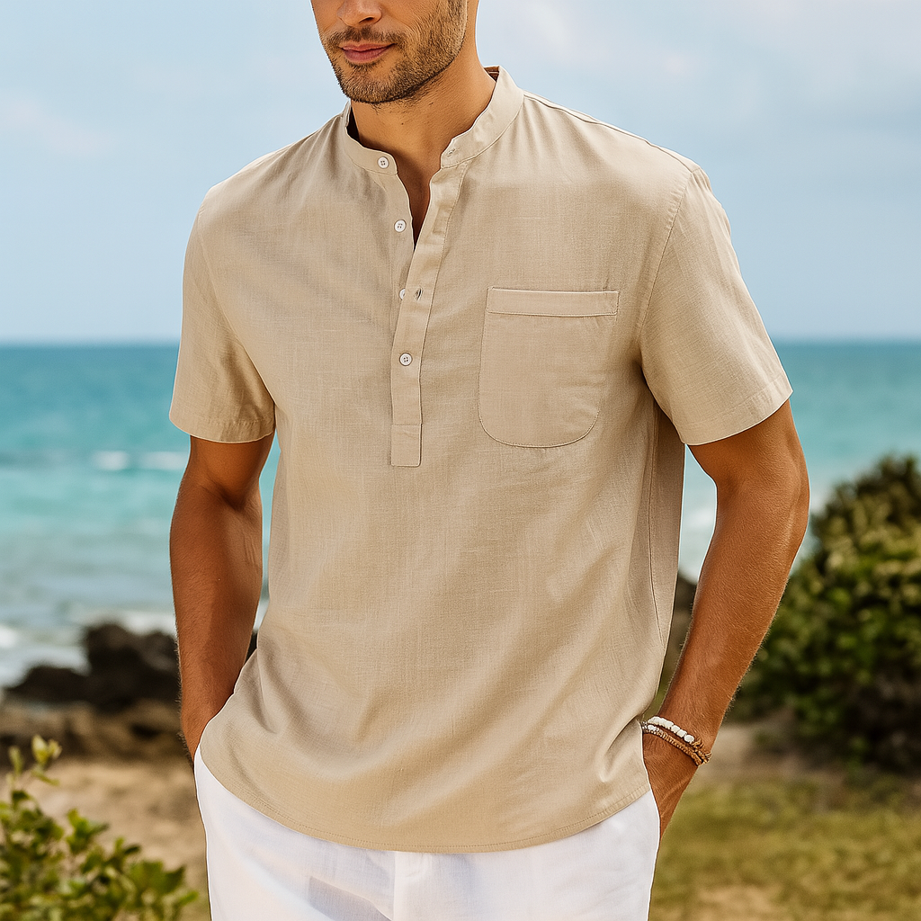 Men's Linen Henley Band Collar Summer Shirt-Vestioflux