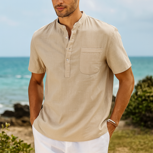 Men's Linen Henley Band Collar Summer Shirt-Vestioflux