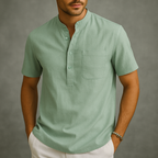 Men's Linen Henley Band Collar Summer Shirt-Vestioflux