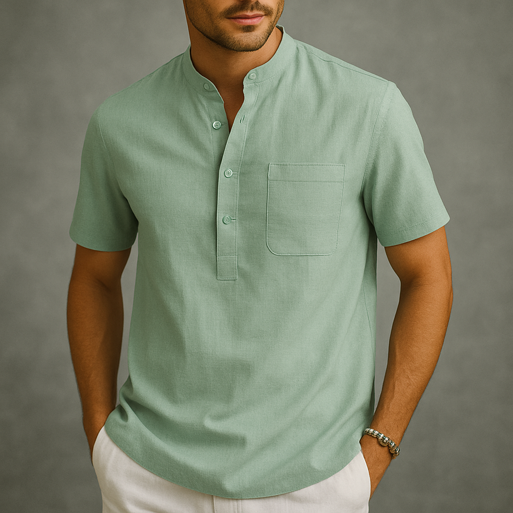 Men's Linen Henley Band Collar Summer Shirt-Vestioflux