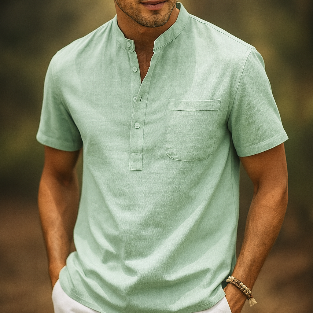 Men's Linen Henley Band Collar Summer Shirt-Vestioflux