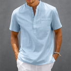 Men's Linen Henley Band Collar Summer Shirt-Vestioflux
