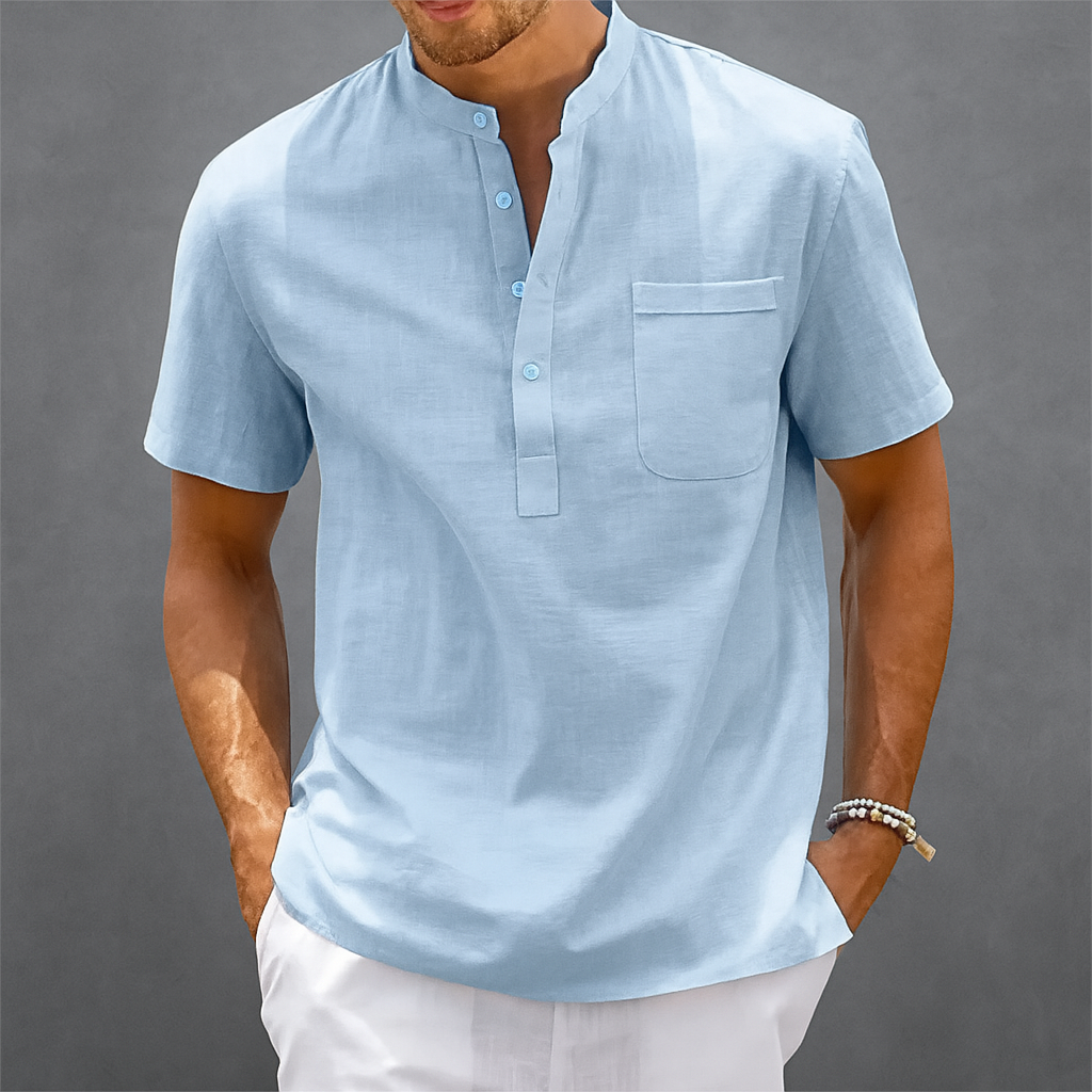 Men's Linen Henley Band Collar Summer Shirt-Vestioflux