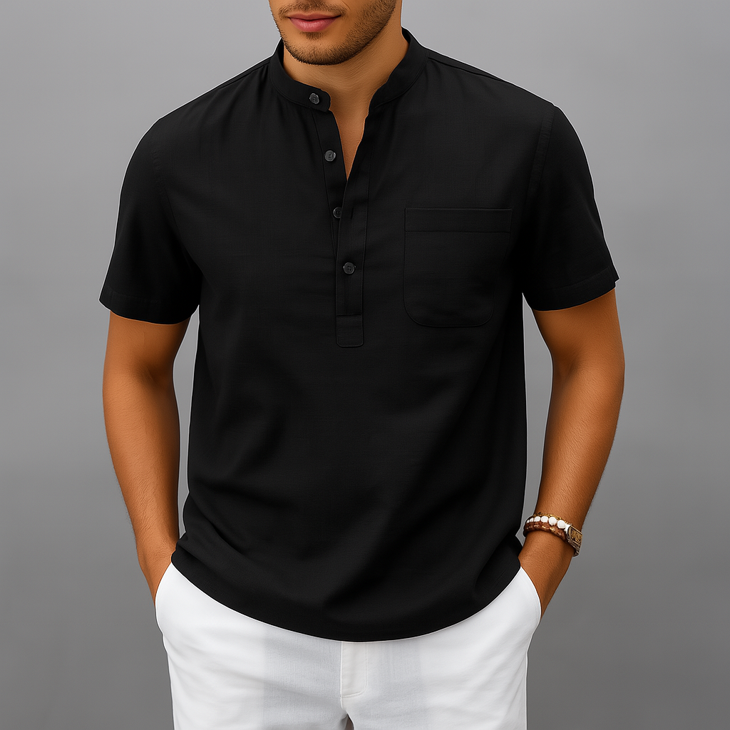 Men's Linen Henley Band Collar Summer Shirt-Vestioflux
