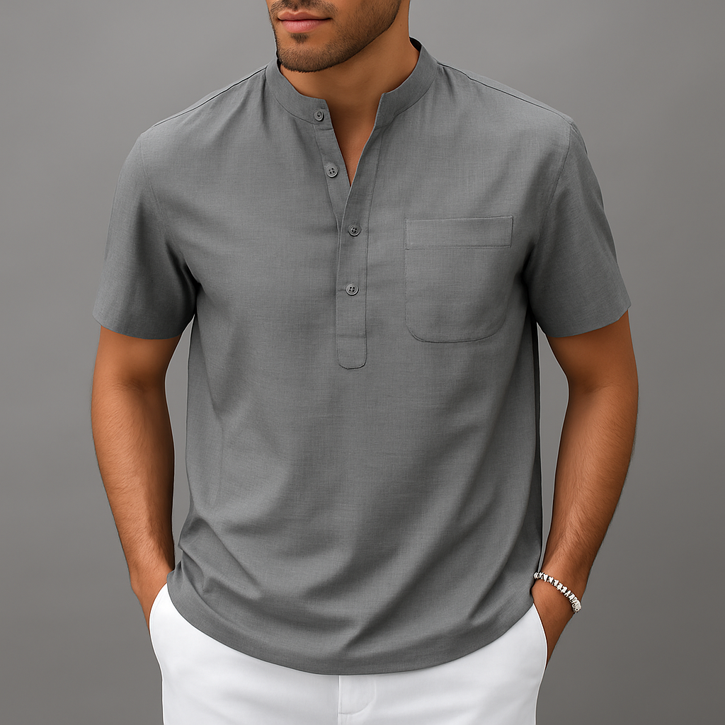 Men's Linen Henley Band Collar Summer Shirt-Vestioflux
