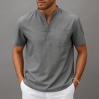Men's Linen Henley Band Collar Summer Shirt-Vestioflux