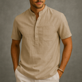 Men's Linen Henley Band Collar Summer Shirt-Vestioflux