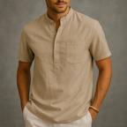 Men's Linen Henley Band Collar Summer Shirt-Vestioflux