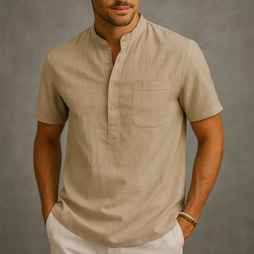 Men's Linen Henley Band Collar Summer Shirt-Vestioflux