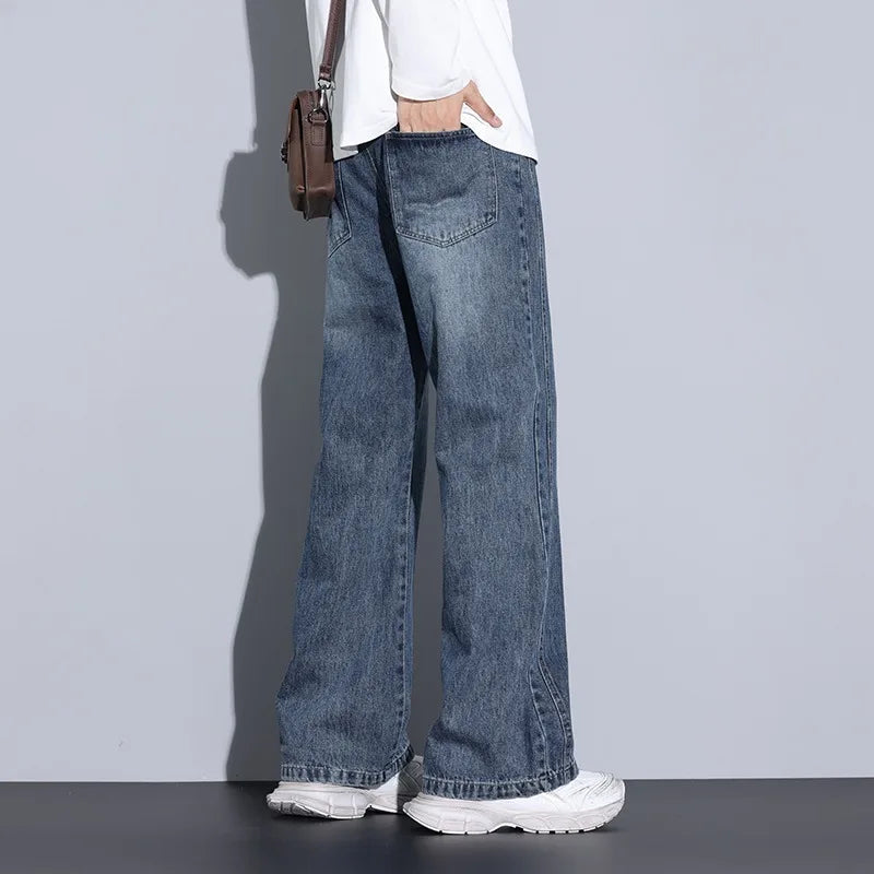 Men's Wide-Leg Denim Jeans with Drawstring Waist-Vestioflux
