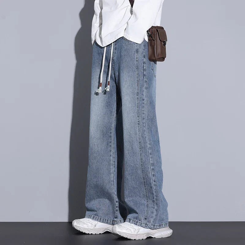 Men's Wide-Leg Denim Jeans with Drawstring Waist-Vestioflux