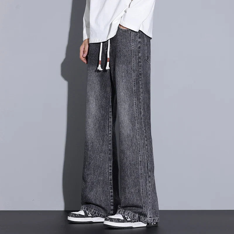 Men's Wide-Leg Denim Jeans with Drawstring Waist-Vestioflux