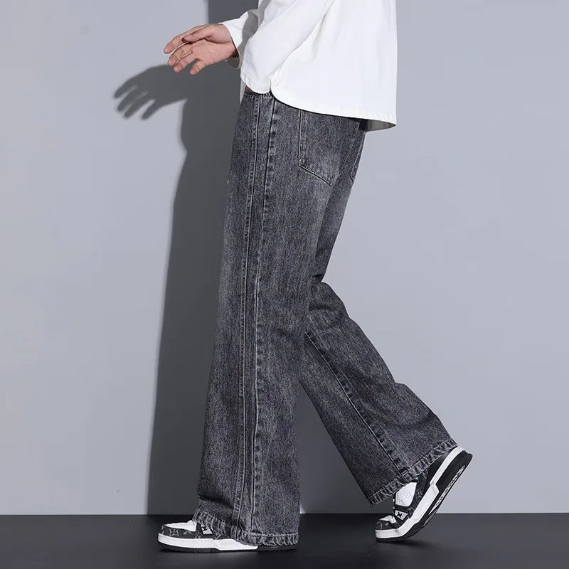 Men's Wide-Leg Denim Jeans with Drawstring Waist-Vestioflux