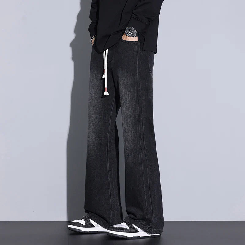 Men's Wide-Leg Denim Jeans with Drawstring Waist-Vestioflux