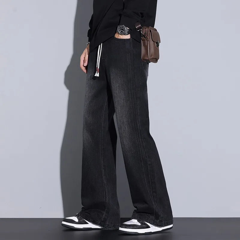 Men's Wide-Leg Denim Jeans with Drawstring Waist-Vestioflux