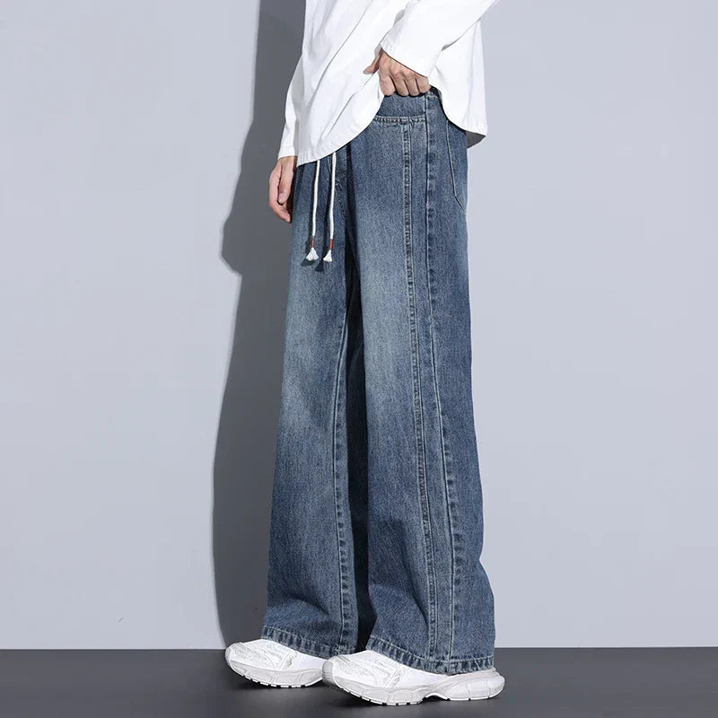 Men's Wide-Leg Denim Jeans with Drawstring Waist-Vestioflux