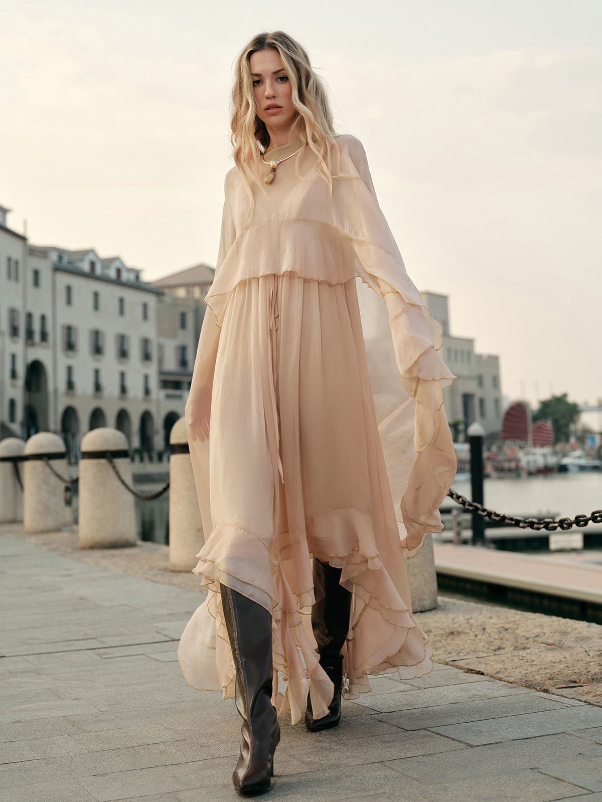 Women's Chiffon Cape Sleeve Maxi Evening Dress-Vestioflux