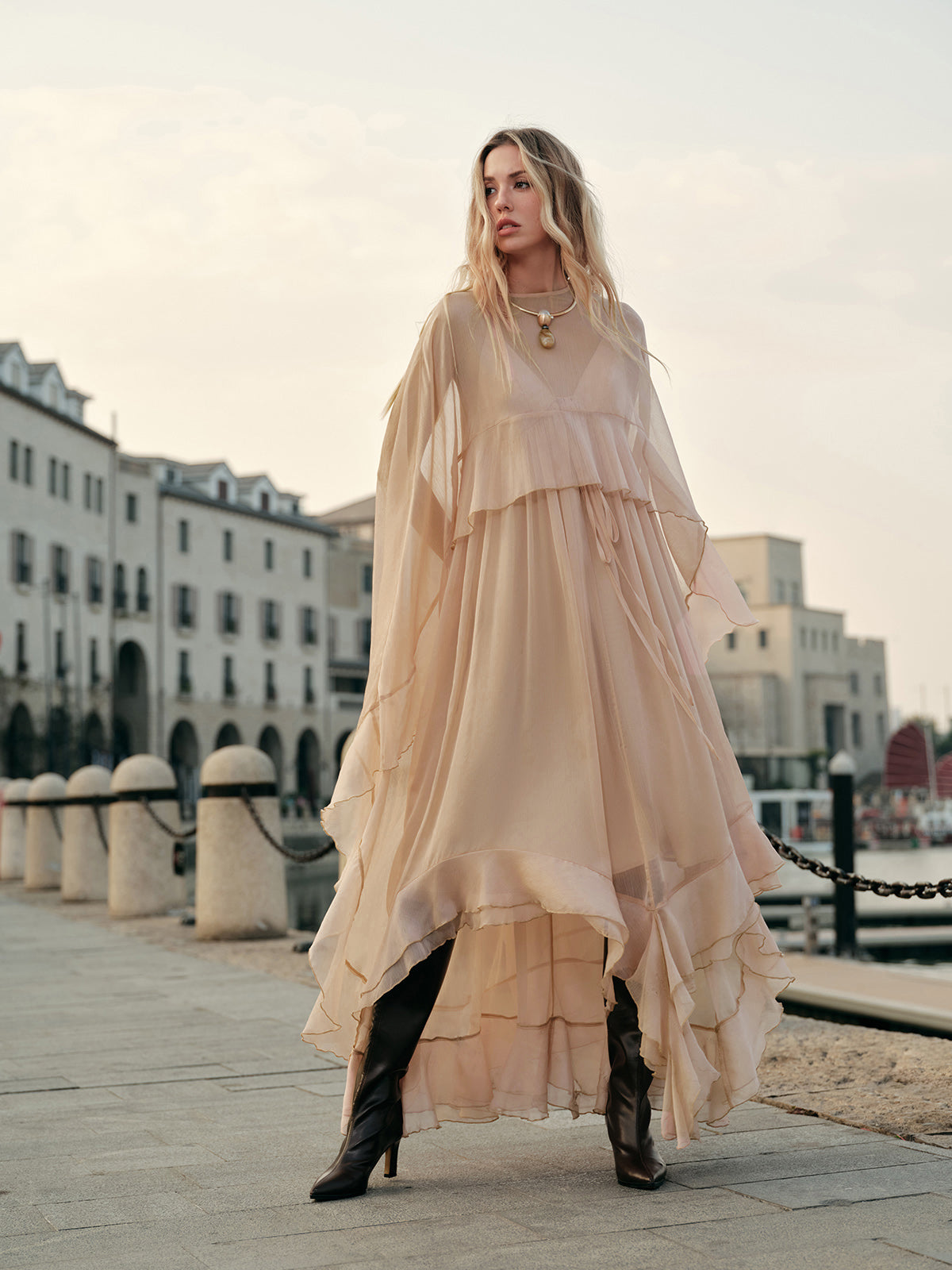 Women's Chiffon Cape Sleeve Maxi Evening Dress-Vestioflux