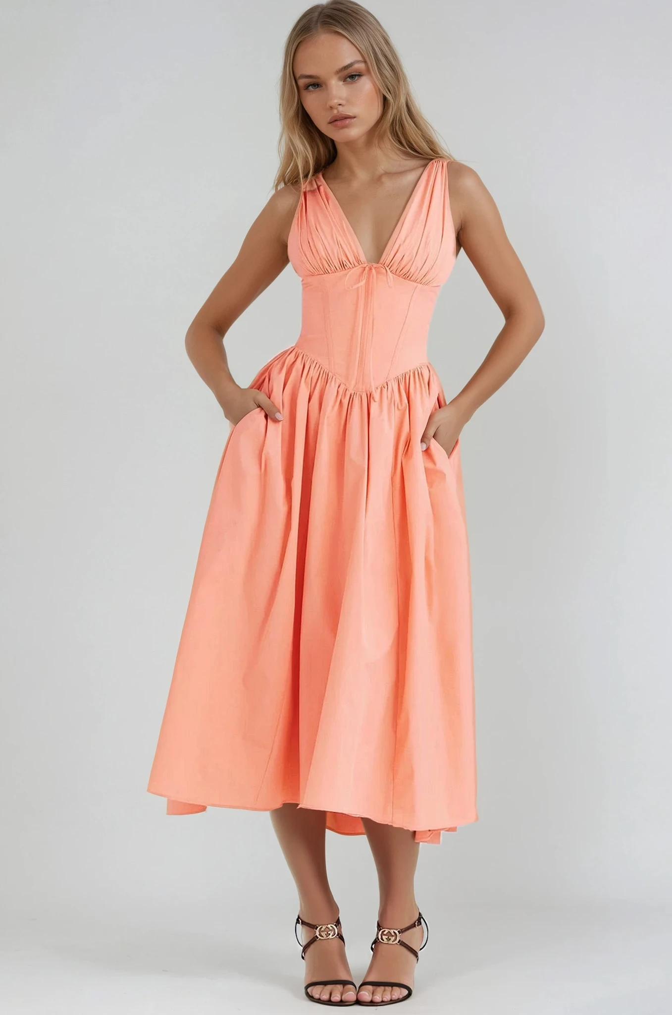 Women's Elegant Sleeveless A-Line Midi Dress-Vestioflux