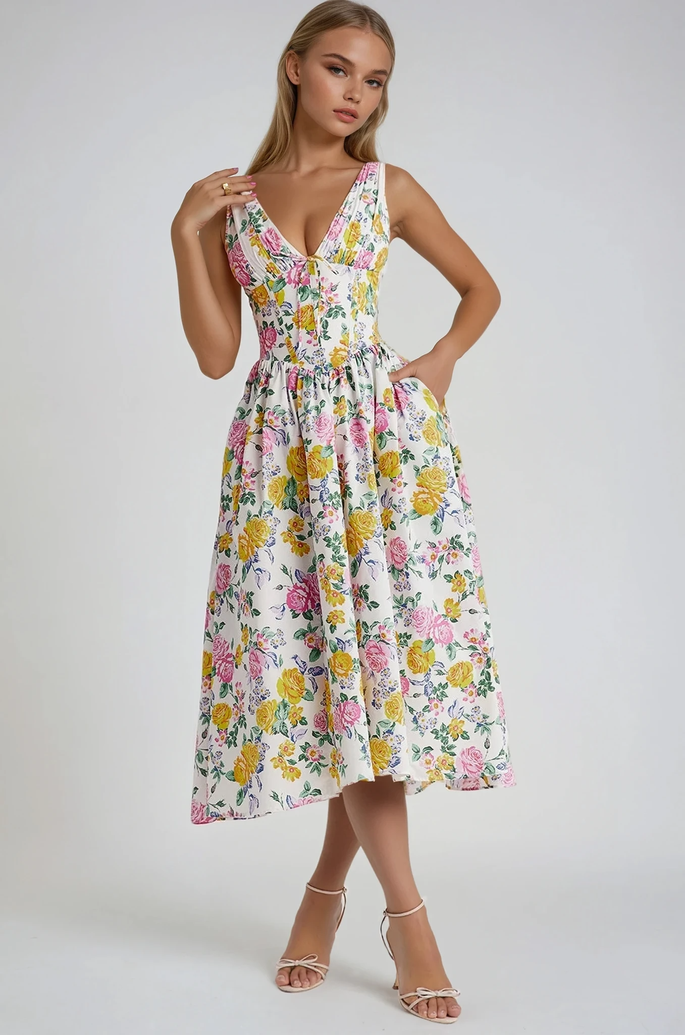 Women's Elegant Sleeveless A-Line Midi Dress-Vestioflux