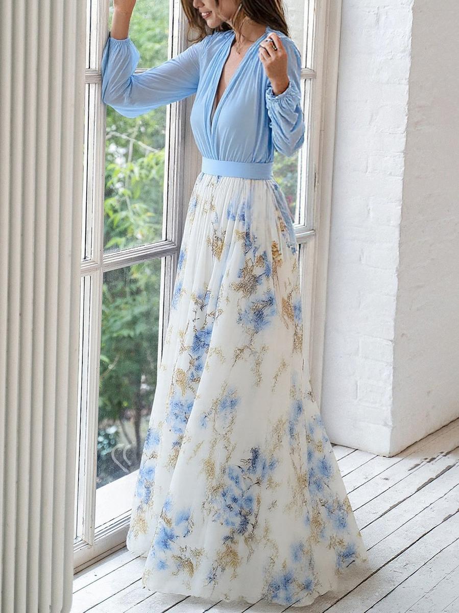 Women's Floral Chiffon Ruffle Maxi Evening Dress-Vestioflux