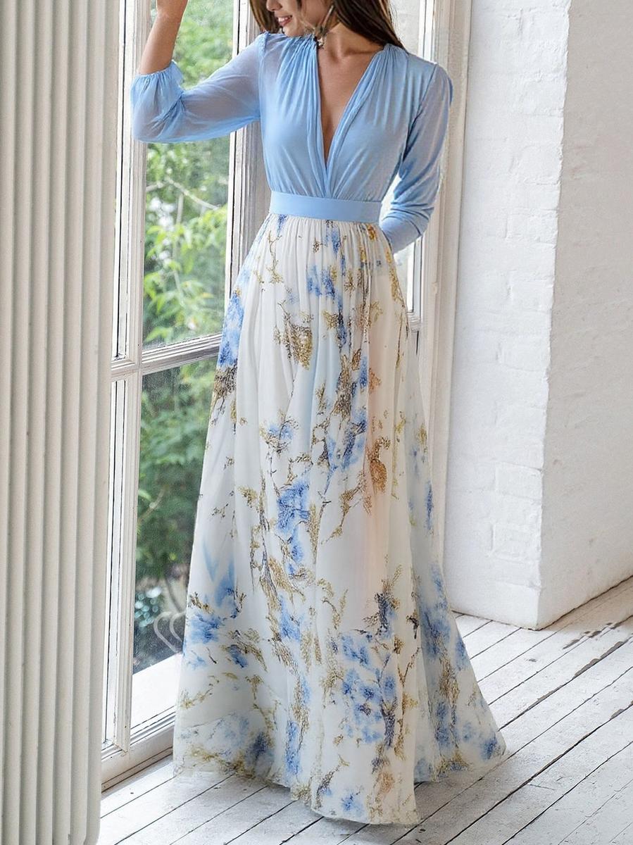Women's Floral Chiffon Ruffle Maxi Evening Dress-Vestioflux