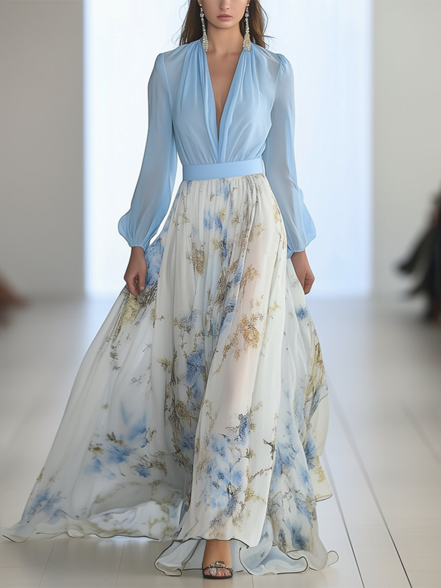 Women's Floral Chiffon Ruffle Maxi Evening Dress-Vestioflux