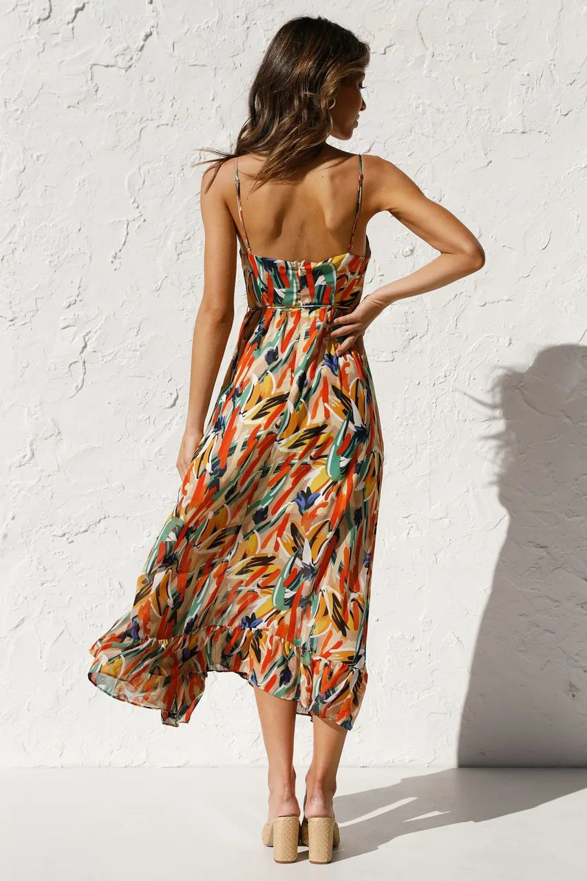 Women's Floral Spaghetti Strap Midi Dress – Summer Fashion Essential-Vestioflux