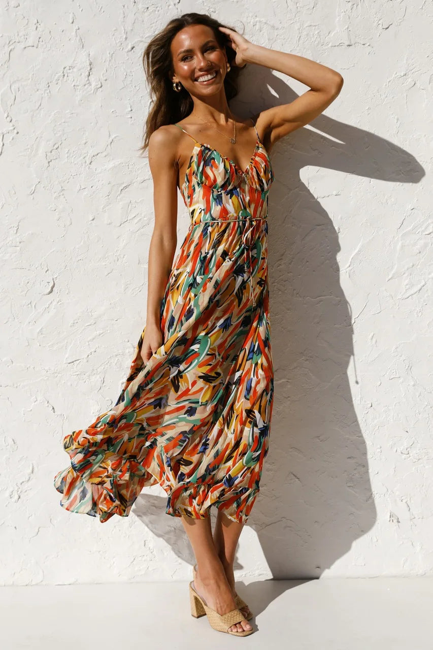 Women's Floral Spaghetti Strap Midi Dress – Summer Fashion Essential-Vestioflux