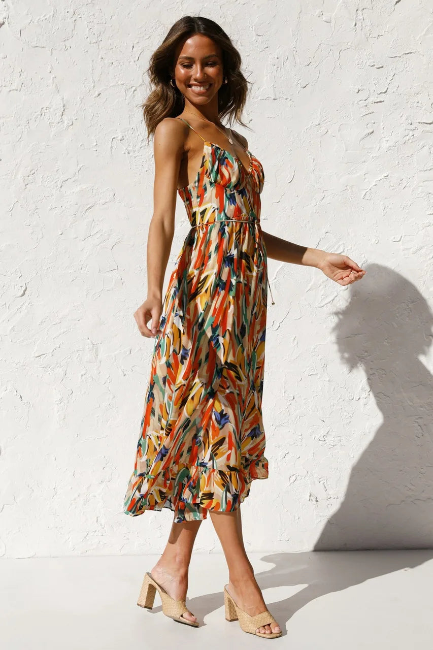 Women's Floral Spaghetti Strap Midi Dress – Summer Fashion Essential-Vestioflux