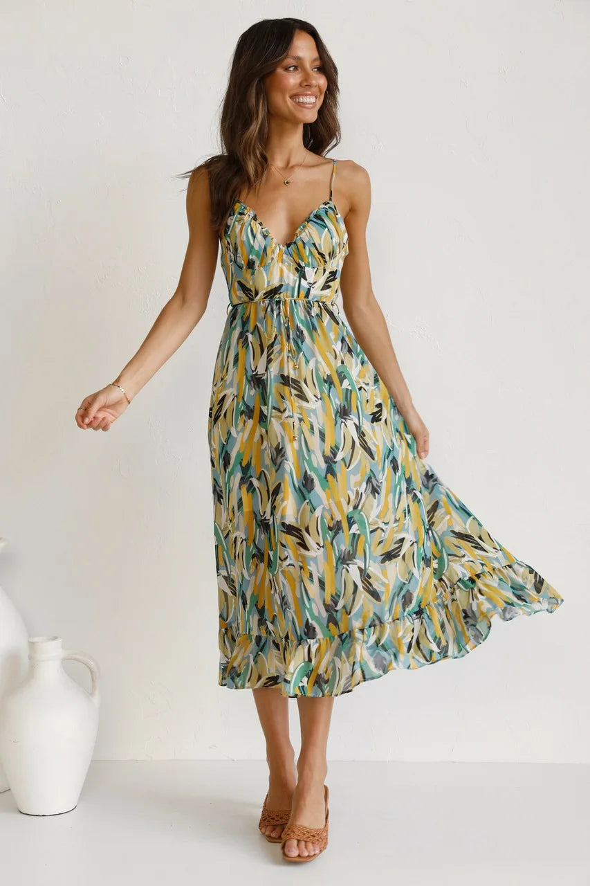 Women's Floral Spaghetti Strap Midi Dress – Summer Fashion Essential-Vestioflux