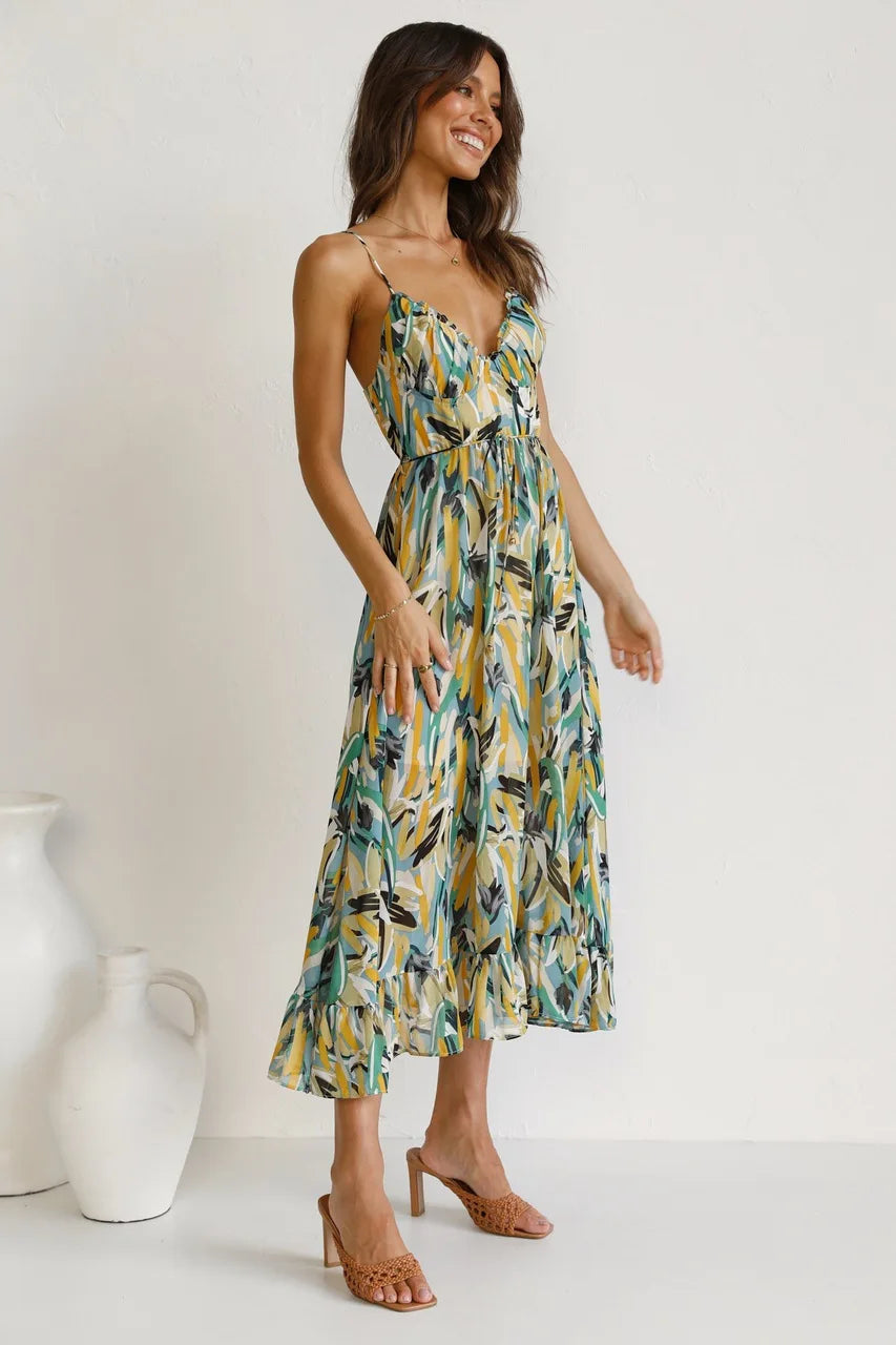 Women's Floral Spaghetti Strap Midi Dress – Summer Fashion Essential-Vestioflux
