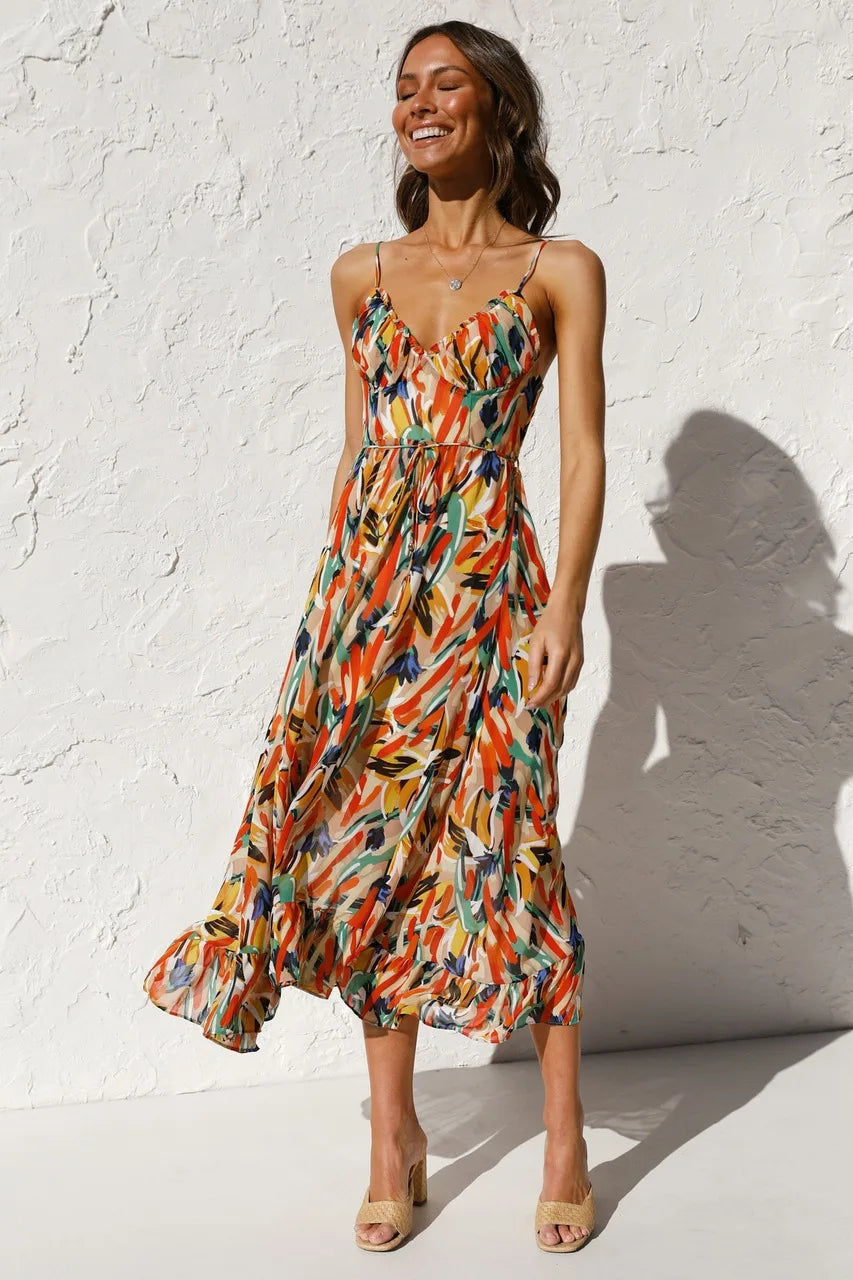 Women's Floral Spaghetti Strap Midi Dress – Summer Fashion Essential-Vestioflux