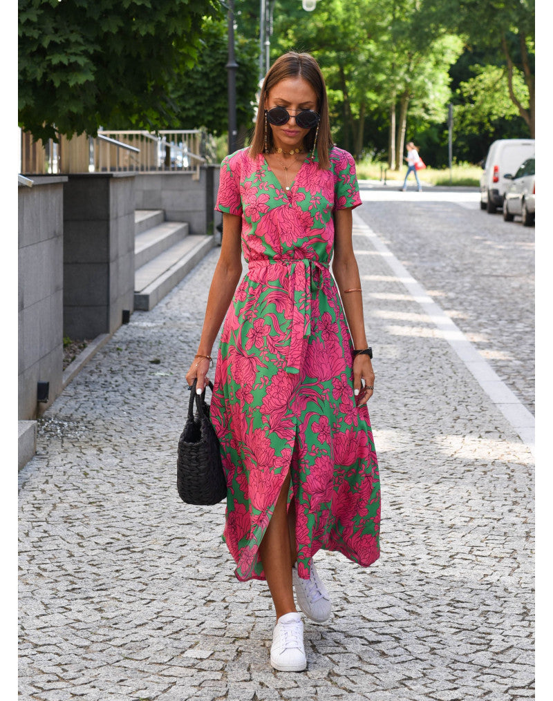 Women's Floral Wrap Side Slit Midi Dress – Summer Fashion Essential-Vestioflux