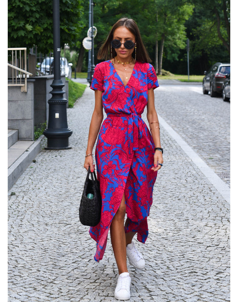 Women's Floral Wrap Side Slit Midi Dress – Summer Fashion Essential-Vestioflux