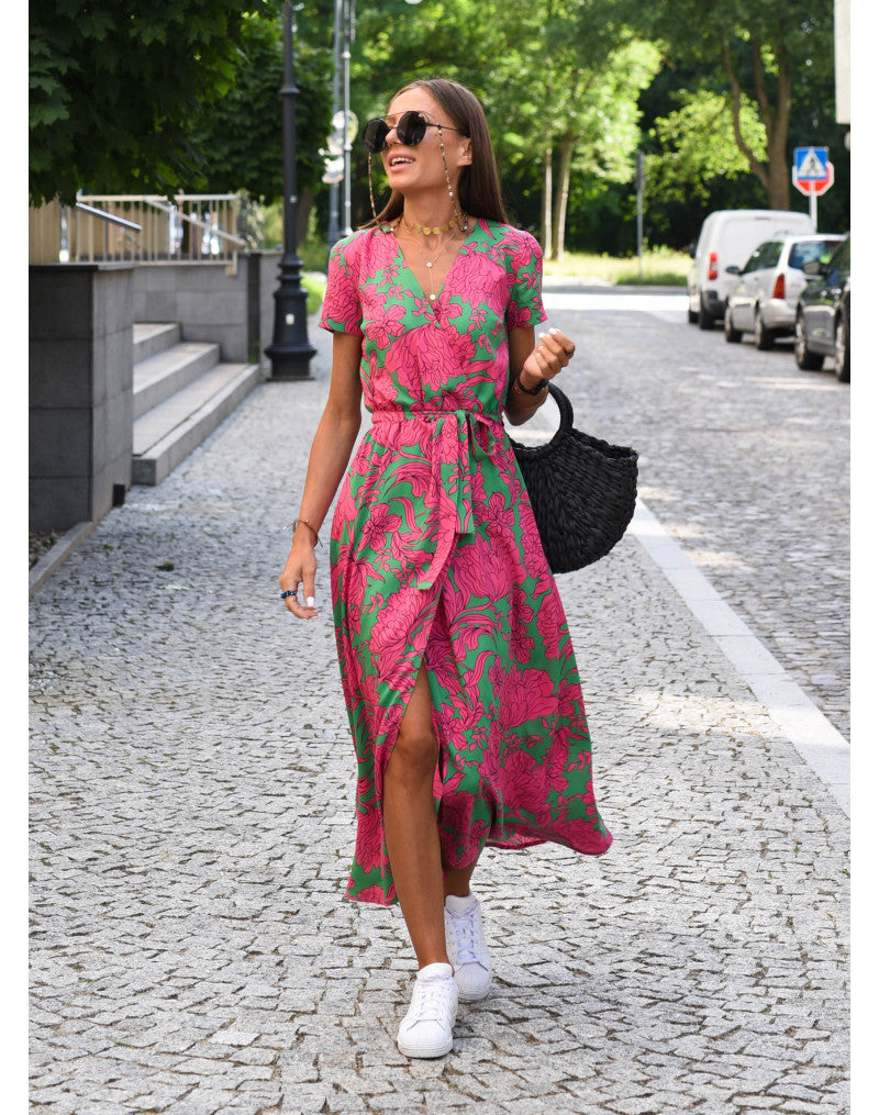 Women's Floral Wrap Side Slit Midi Dress – Summer Fashion Essential-Vestioflux