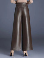Women's High-Rise Glossy Leather Wide-Leg Pants-Vestioflux