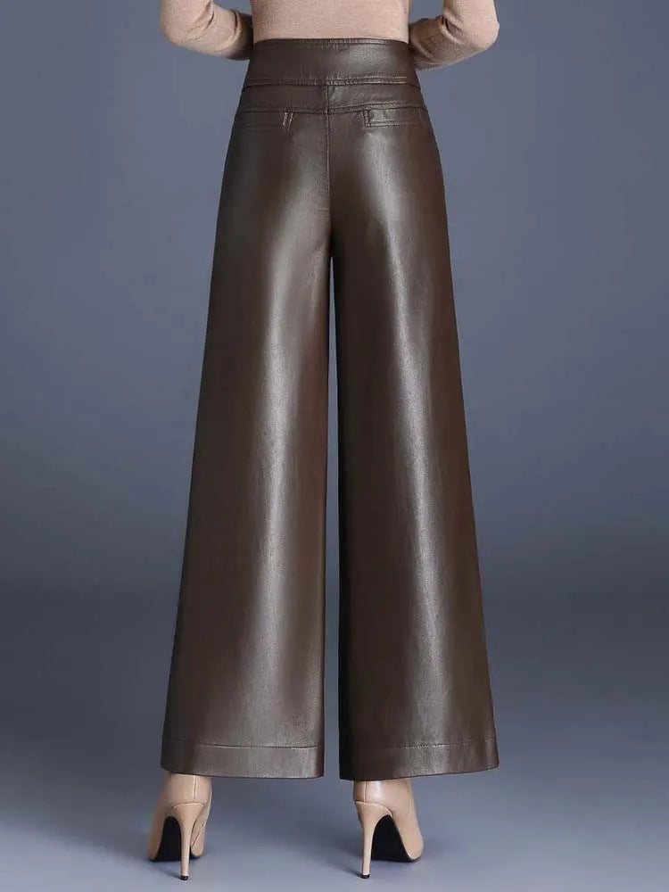 Women's High-Rise Glossy Leather Wide-Leg Pants-Vestioflux