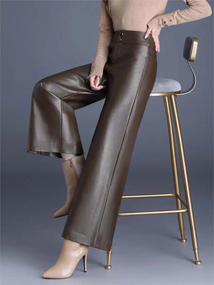 Women's High-Rise Glossy Leather Wide-Leg Pants-Vestioflux