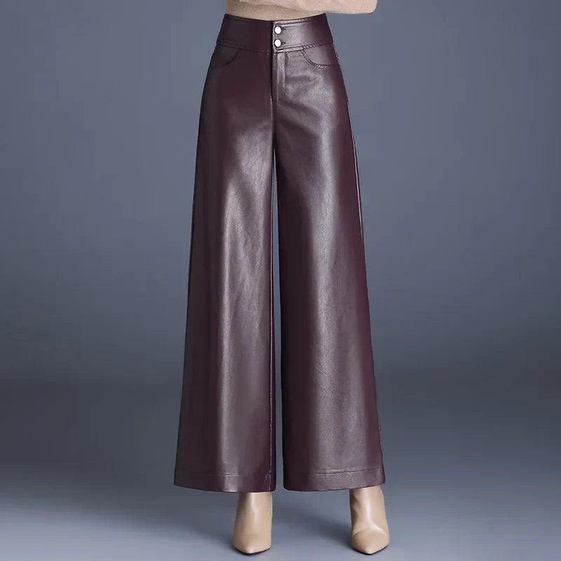 Women's High-Rise Glossy Leather Wide-Leg Pants-Vestioflux