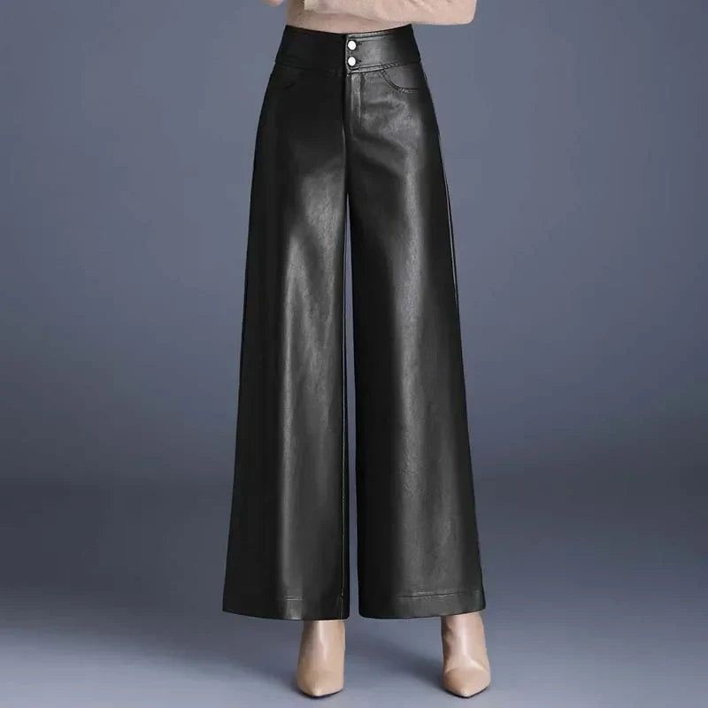 Women's High-Rise Glossy Leather Wide-Leg Pants-Vestioflux
