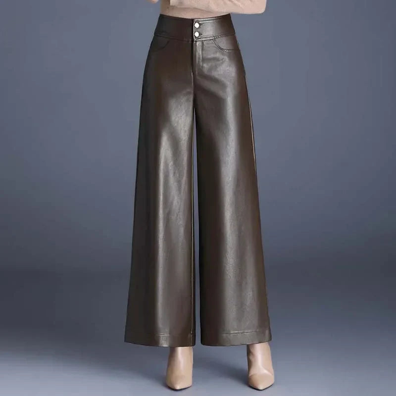 Women's High-Rise Glossy Leather Wide-Leg Pants-Vestioflux