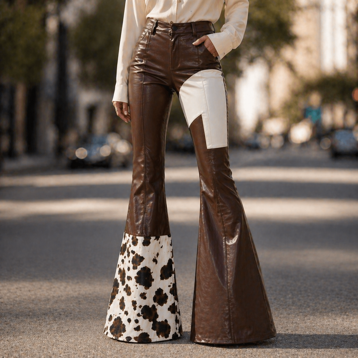 Women's High-Waisted Leather Flare Trousers-Vestioflux