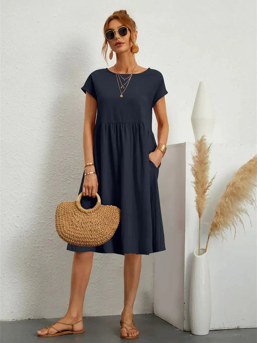 Women's Smocked Pocket Midi Dress - Casual Summer Style-Vestioflux
