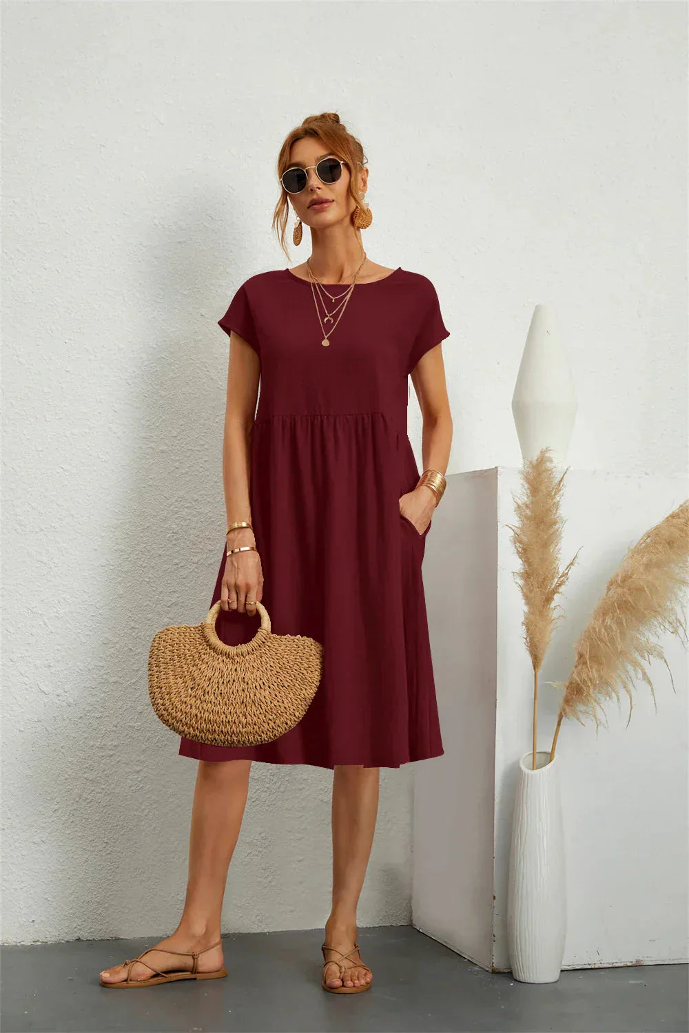 Women's Smocked Pocket Midi Dress - Casual Summer Style-Vestioflux
