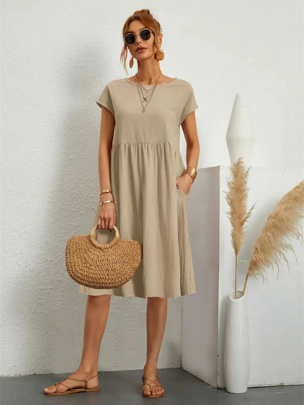 Women's Smocked Pocket Midi Dress - Casual Summer Style-Vestioflux