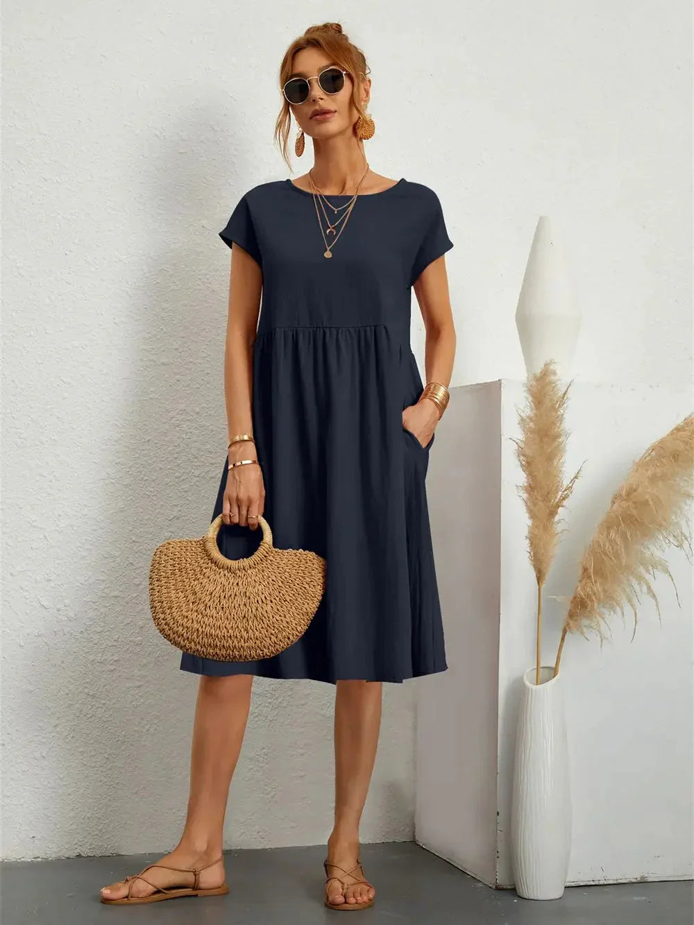 Women's Smocked Pocket Midi Dress - Casual Summer Style-Vestioflux