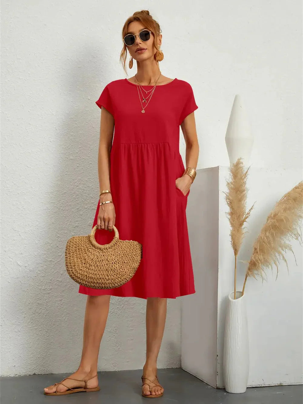 Women's Smocked Pocket Midi Dress - Casual Summer Style-Vestioflux