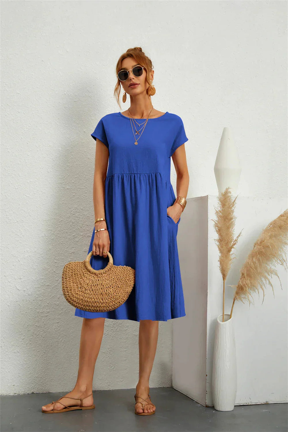 Women's Smocked Pocket Midi Dress - Casual Summer Style-Vestioflux